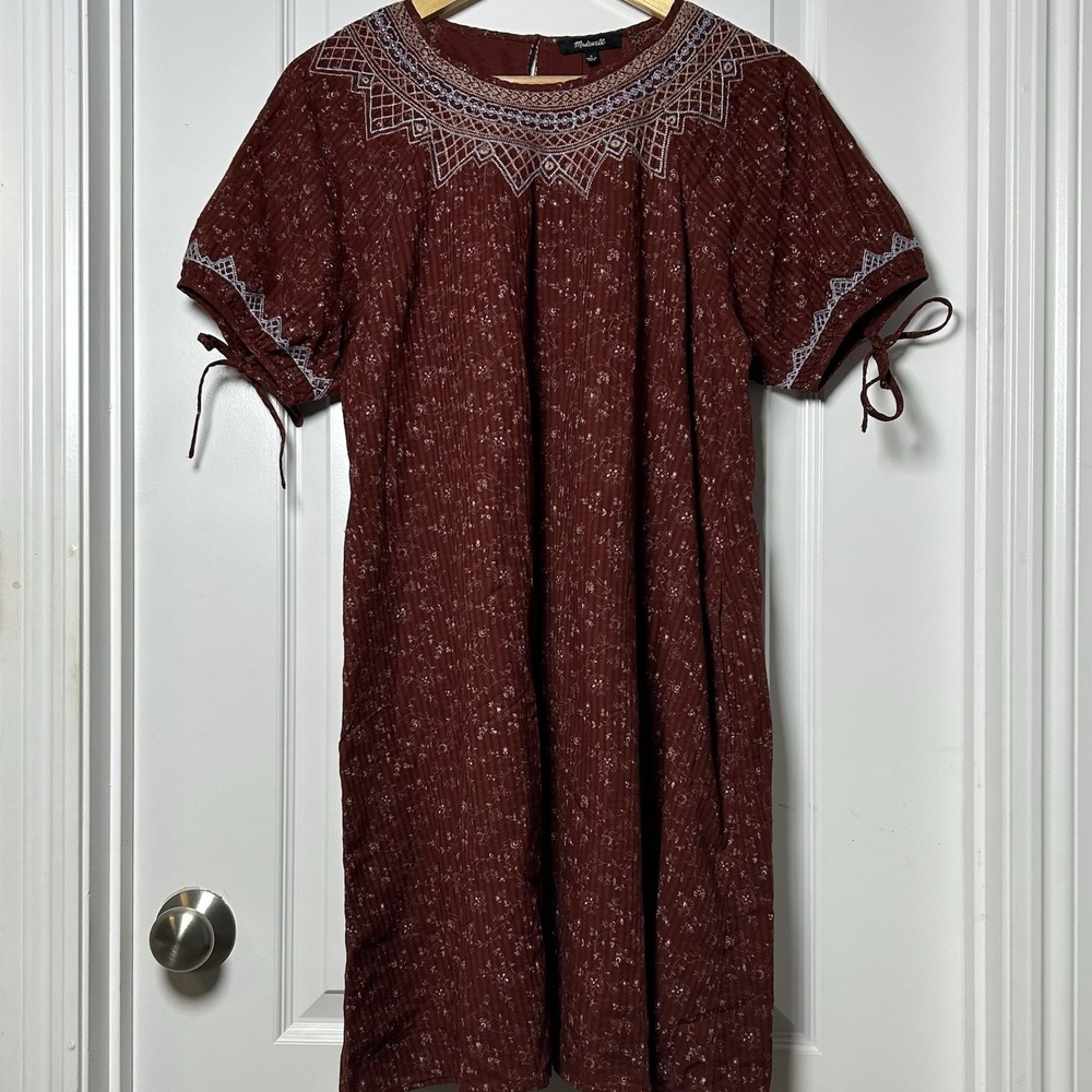 Madewell Burgundy Ditsy Floral Crinkle Embroidered Yoke Mini Dress Boho Style